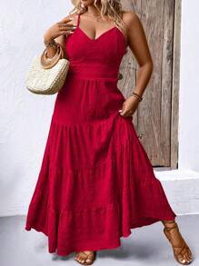 Breezaya Plus Size Boho Solid Color Ruffle Hemline Backless Spaghetti Strap Sleeveless Dress For New Year Maxi Women Outfit, For Summer