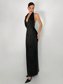Aloruh Women's Elegant Draped Neck Backless Long Black Dress,Summer Glitter Shiny Fabric Formal Prom Dress,Ball Party Night Simple Dress For Women - Black - View 6