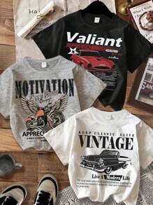 SHEIN EZwear 3pcs Set Classic Car & Motorcycle Print Crew Neck Tight Cropped T-Shirts For Women, Suitable For Summer - Multicolor - View 1