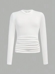 SHEIN 3pcs/Set Tween Girl Casual Ruched Waist Round Neck Short Fitted Long Sleeve T-Shirts, School, Campus, College Chic Outfits For Autumn/Winter - Multicolor - View 7