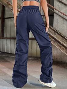 SHEIN EZwear 女式秋季 Blokecore 休闲侧抽绳腰部降落伞工装裤蓝色 - 藏蓝色 - 查看 2
