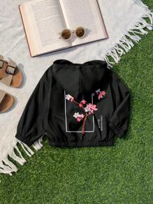 SHEIN Leap Crew 女婴拉链花卉印花连帽休闲夹克 - 黑色 - 查看 1