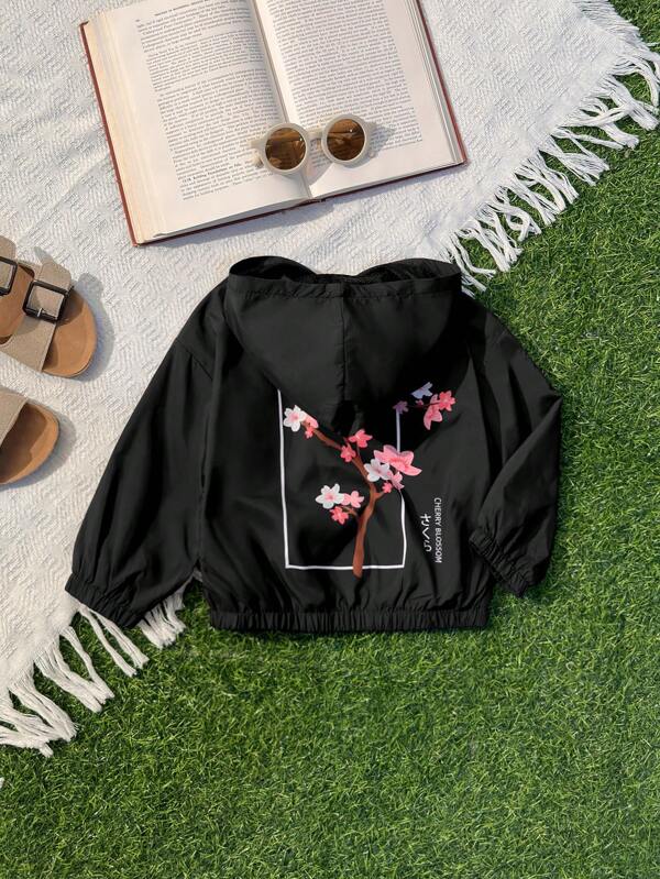 SHEIN Leap Crew Baby Girl Zip-Up Floral Print Hoodie Casual Jacket,In Fall/Winter