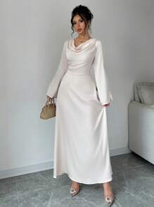 Chiquease Vestido midi elegante de manga larga con cintura fruncida