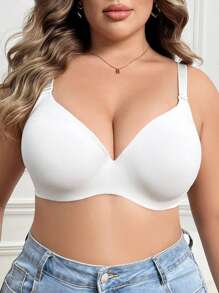 2pcs/Set Plus Size Wire-Free Thin Cup Breathable Simple Solid Color Non-Slip Bra Set - Multicolor - View 4