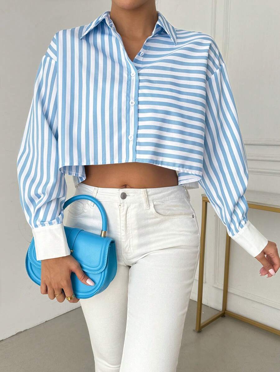 SHEIN SXY Áo sơ mi nữ dài tay có nút xuống sọc xanh Slim Fit thường ngày - Màu xanh lam - Xem 1