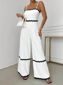 SHEIN SXY Sexy Elegant Casual Black & White Contrast Color Women's Sleeveless Long Wide Leg Jumpsuit, Autumn/Summer - Black and White - View 8