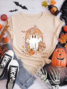 SHEIN Essnce 万圣节鬼魂印花圆领 T 恤、短袖休闲上衣，适合夏季和春季，女士服装 - 杏色 - 查看 3