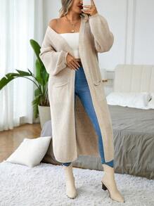 Áo khoác cardigan dáng dài tay dài dáng rộng, màu trơn, dáng rộng, thường ngày, tay dài, dáng rộng, cỡ lớn dành cho nữ, mùa thu/đông - Màu be - Xem 7