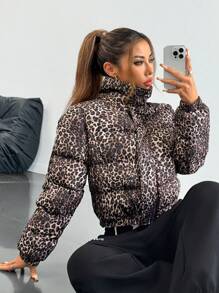 SHEIN EZwear Women's Fashionable Leopard Print Padded Coat, Winter - Multicolor - View 7