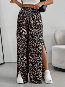 SHEIN Essnce Women Summer  Leopard   Street Fashion Side High Slit Color Block Printed Pleated Casual Wide Leg Baggy Pants - Multicolor - View 3