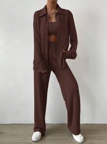 SHEIN EZwear 3 món Nữ Xuân & Hè Chắc Chắn Rớt Vai Áo Sơ Mi Tay Dài, Crop Yếm Áo & Quần Bộ 3 món - Màu nâu Sô-cô-la - Xem 5