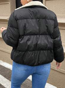 SHEIN Frenchy Plus Size Women's Short Padded Coat, For Winter Fall Autumn - Black - View 2