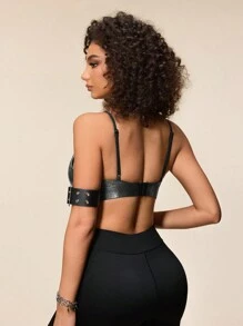 SHEIN Brassière de sport sans dos à bretelles fines unicolore pour femmes - Noir - Voir 2
