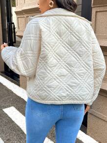 SHEIN Frenchy 大码前拉链长袖基本款棉袄休闲日常装棉服秋冬外套长袖棉袄机场装时尚百搭 - 白色 - 查看 4
