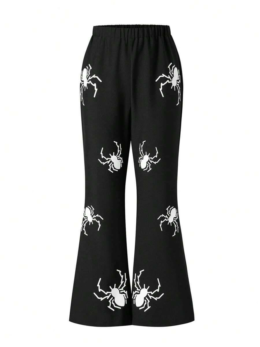 SHEIN Tween Girls Elastic Waist Spider Print Flared Pants, Spring & Autumn - Black - View 1