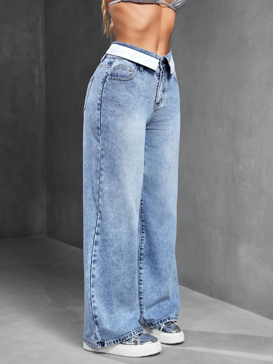 SHEIN SXY Women's Fold Over Waist Pocketed Wide Leg Loose Casual ...