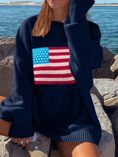 INAWLY Suéter de punto de cuello redondo de manga larga con estampado de bandera talla grande