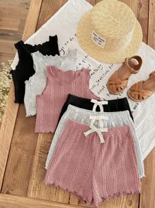 SHEIN LMoss Kids Conjunto de 6 piezas LMoss de top sin mangas acanalado de unicolor y shorts para niña bebé - Rosa vieja - Ver 4