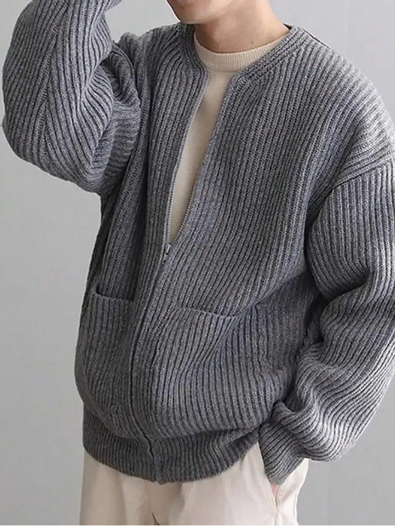 Manfinity Dauomo Men's Solid Color Drop Shoulder Long Sleeve Zip Front Relaxed Cardigan For Autumn & Winter