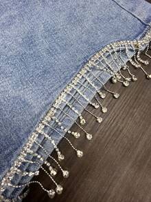 Women's Casual Denim Shorts With Pockets, Rhinestone Decor And Tassel Hem - Blue - View 8