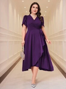Modelyn Plus Size Elegant Solid Color Petal Sleeve Wrap Dress Long Evening Dresses - Purple - View 8
