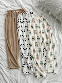 3 件套女士熊猫 & 熊图案法兰绒睡裤