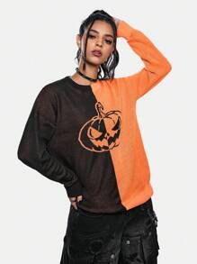 Sonchs Curiosities Artist Women's Pumpkin Pattern Drop Shoulder Crew Neck Long Sleeve Sweater Top, For Holiday, Vacation, Going Out, Festival, Ibiza Fits - Orange - View 2