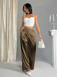 SHEIN Unity Women's Simple Front Button Pocket Casual Pants For Daily Wear - Brown - View 6