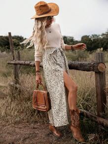 SHEIN VCAY Robe élégante à col rond, manches longues, taille nouée, imprimé floral fendu