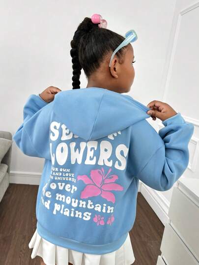 SHEIN Tween Girls Extended Size Casual Knitted Thermal Lined Hooded Pullover Sweatshirt