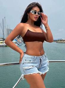 VaVaBold Solid Color Asymmetrical Neckline Sexy Sleeveless Waist Hollow Bodysuit