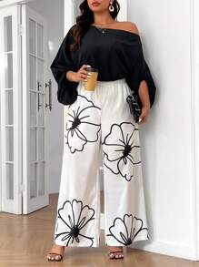 SHEIN Privé Plus Size Women's Elegant Black & White Color Block Shoulder Cutout Jumpsuit With Printed Pattern - Black and White - View 3