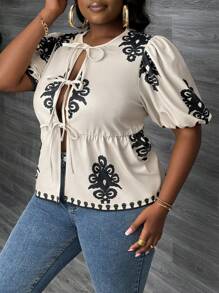 Slaydiva 大码女式印花上衣，印花T恤，外出上衣，返校季上衣，演唱会性感女装，蝴蝶结上衣 - 杏色 - 查看 3