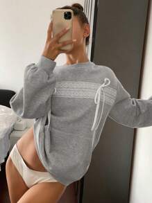 DAZY Women Casual Lace Patchwork Ribbon Decor Sweatshirt,Fall Clothes - Grey - View 6