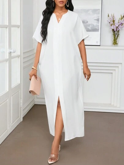 SHEIN Lady 春夏休闲优雅工作小码白色短袖卡夫坦连衣裙阿巴亚束腰连衣裙女式连衣裙