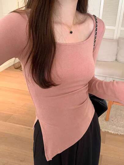 INAWLY 休闲纯色侧开衩长袖T恤，春秋