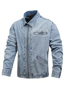 Manfinity Homme 男士前翻领拉链长袖口袋休闲牛仔夹克 - 淺色水洗藍 - 查看 1