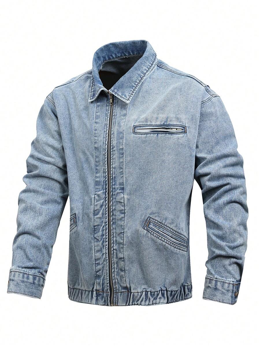 Manfinity Homme 男士前翻领拉链长袖口袋休闲牛仔夹克 - 淺色水洗藍 - 查看 1