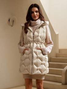 Anewsta Women's Beige Mid-Length Waist Cinching Hooded Vest - Beige - View 7