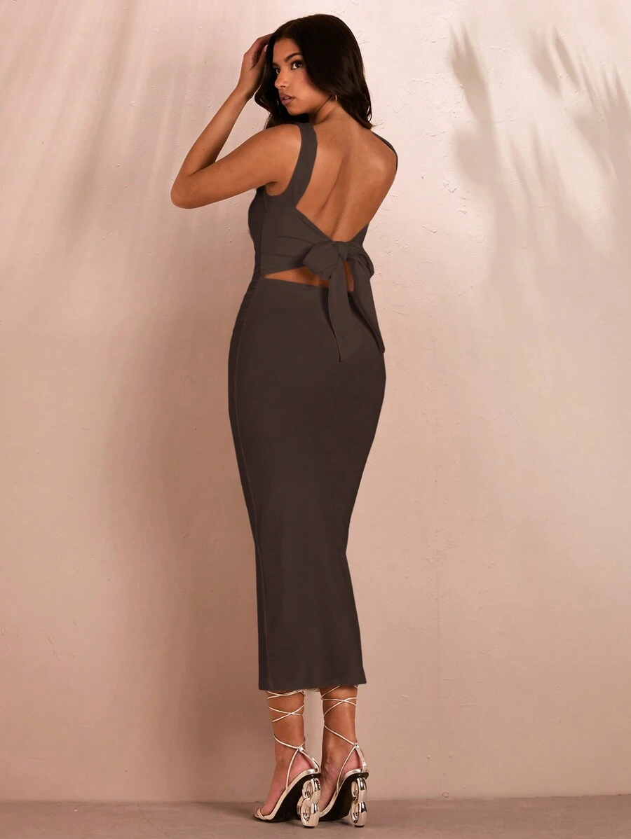 SHEIN BAE Women's Solid Color Ruffled Square Neck Backless Tie Slit Bodycon Mini Midi Dress