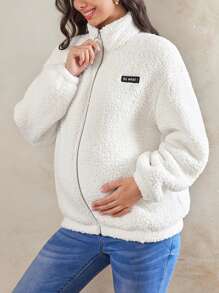 SHEIN Zwangerschaps Casual Ritssluiting Fluffy Losse Zwangerschaps Hoodie Jas, Voor de Winter