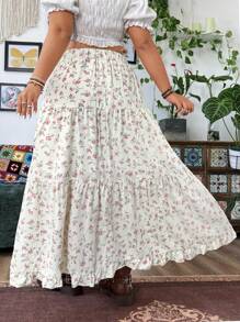 SHEIN SunnyBelle 大码女式碎花松紧腰荷叶边下摆长款休闲半身裙 - 彩色 - 查看 2