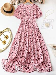 SHEIN LUNE 大码女式全身印花V领短袖优雅夏装 - 粉色 - 查看 2