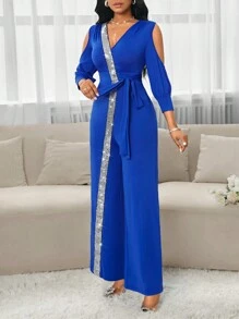 SHEIN Lady Bộ áo liền quần tay phồng 2 trong 1 thanh lịch đầy màu sắc thời trang dành cho nữ - Màu xanh lam - Xem 5