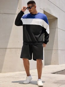 Manfinity Homme Conjunto de sudadera con capucha y pantalones cortos de contraste de bloques de color talla grande para hombres, primavera otoño