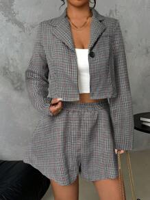 SHEIN LUNE 格紋翻領長袖鈕扣上衣和短褲套裝 - 彩色 - 查看 3