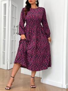 SHEIN Frenchy Plus Size Women's Tea Party, Homecoming, Fall Women's Long Sleeve Dresses, Long Dresses, Fall Clothes, Bridgerton Style, Ditsy Floral Crew Neck Long Sleeve Dress,Beach Dress Sundress,Holiday Outfits Boho