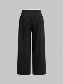 SHEIN MOD Plus Size High Waisted Color Block Lace Trim Button Palazzo Pants