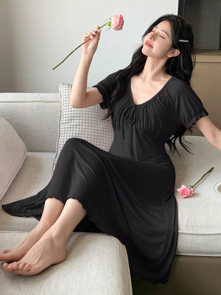 DAZY Women's Solid Color Ruffled V-Neck Cinched Waist Nightgown Pajama - Black - View 1